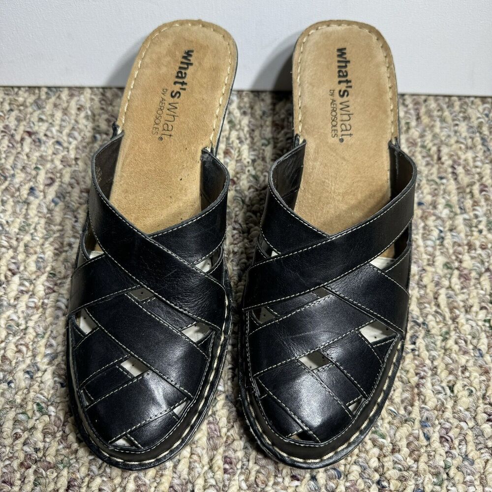 Whats What By Aerosoles Black Weave Leather Crush Fire Slip On Heels Size 11M